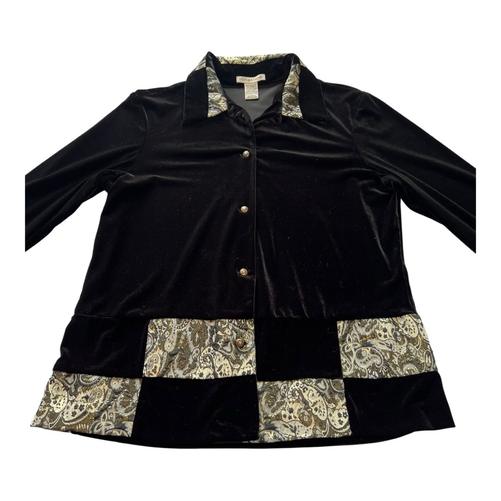 VINTAGE NOTATIONS Velvet Brocade Patchwork Button-Up Top | L | Black Gold | 90s - Picture 3 of 12